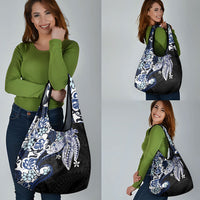 Monstera Plumeria Flowers Blue Grocery Bag Polynesian Pattern