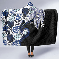 Monstera Plumeria Flowers Blue Hooded Blanket Polynesian Pattern