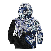 Monstera Plumeria Flowers Blue Kid Hoodie Polynesian Pattern