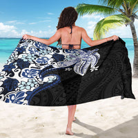 Monstera Plumeria Flowers Blue Sarong Polynesian Pattern