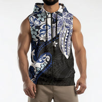 Monstera Plumeria Flowers Blue Sleeveless Zip Hoodie Polynesian Pattern