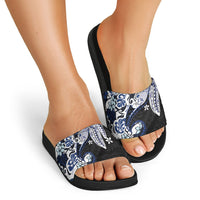 Monstera Plumeria Flowers Blue Slide Sandals Polynesian Pattern