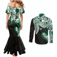 Monstera Plumeria Flowers Green Couples Matching Mermaid Dress and Long Sleeve Button Shirt Polynesian Pattern LT01 - Polynesian Pride