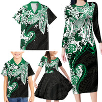 Monstera Plumeria Flowers Green Family Matching Long Sleeve Bodycon Dress and Hawaiian Shirt Polynesian Pattern