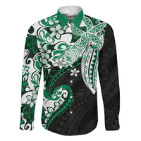 Monstera Plumeria Flowers Green Family Matching Long Sleeve Bodycon Dress and Hawaiian Shirt Polynesian Pattern