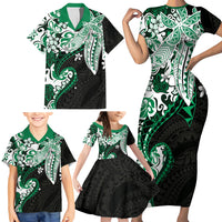Monstera Plumeria Flowers Green Family Matching Short Sleeve Bodycon Dress and Hawaiian Shirt Polynesian Pattern