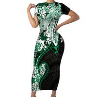 Monstera Plumeria Flowers Green Family Matching Short Sleeve Bodycon Dress and Hawaiian Shirt Polynesian Pattern