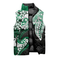 Monstera Plumeria Flowers Green Sleeveless Puffer Jacket Polynesian Pattern