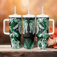 Monstera Plumeria Flowers Green Tumbler With Handle Polynesian Pattern LT01 - Polynesian Pride