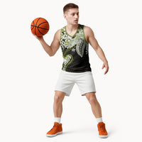 Monstera Plumeria Flowers Olive Green Basketball Jersey Polynesian Pattern