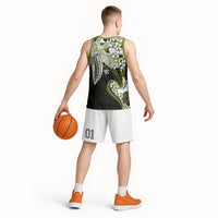 Monstera Plumeria Flowers Olive Green Basketball Jersey Polynesian Pattern