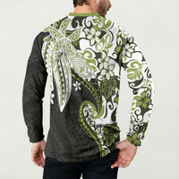 Monstera Plumeria Flowers Olive Green Button Sweatshirt Polynesian Pattern