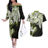 Monstera Plumeria Flowers Olive Green Couples Matching Off The Shoulder Long Sleeve Dress and Hawaiian Shirt Polynesian Pattern