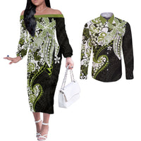 Monstera Plumeria Flowers Olive Green Couples Matching Off The Shoulder Long Sleeve Dress and Long Sleeve Button Shirt Polynesian Pattern