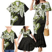 Monstera Plumeria Flowers Olive Green Family Matching Mermaid Dress and Hawaiian Shirt Polynesian Pattern