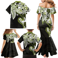Monstera Plumeria Flowers Olive Green Family Matching Mermaid Dress and Hawaiian Shirt Polynesian Pattern