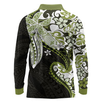 Monstera Plumeria Flowers Olive Green Long Sleeve Polo Shirt Polynesian Pattern