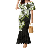 Monstera Plumeria Flowers Olive Green Mermaid Dress Polynesian Pattern