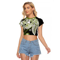Monstera Plumeria Flowers Olive Green Raglan Cropped T Shirt Polynesian Pattern