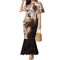 Monstera Plumeria Flowers Orange Family Matching Mermaid Dress and Hawaiian Shirt Polynesian Pattern