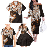 Monstera Plumeria Flowers Orange Family Matching Off The Shoulder Long Sleeve Dress and Hawaiian Shirt Polynesian Pattern