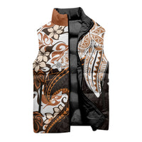 Monstera Plumeria Flowers Orange Sleeveless Puffer Jacket Polynesian Pattern