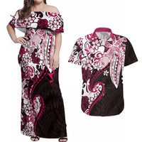Monstera Plumeria Flowers Pink Couples Matching Off Shoulder Maxi Dress and Hawaiian Shirt Polynesian Pattern LT01 Pink - Polynesian Pride