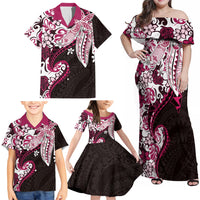 Monstera Plumeria Flowers Pink Family Matching Off Shoulder Maxi Dress and Hawaiian Shirt Polynesian Pattern
