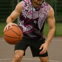 Monstera Plumeria Flowers Pink Sleeveless Hoodie Polynesian Pattern