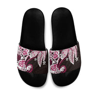 Monstera Plumeria Flowers Pink Slide Sandals Polynesian Pattern