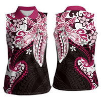Monstera Plumeria Flowers Pink Women Sleeveless Polo Shirt Polynesian Pattern
