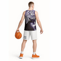 Monstera Plumeria Flowers Purple Basketball Jersey Polynesian Pattern