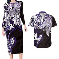 Monstera Plumeria Flowers Purple Couples Matching Long Sleeve Bodycon Dress and Hawaiian Shirt Polynesian Pattern