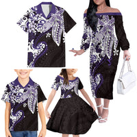 Monstera Plumeria Flowers Purple Family Matching Off The Shoulder Long Sleeve Dress and Hawaiian Shirt Polynesian Pattern