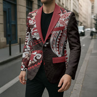 Monstera Plumeria Flowers Red Blazer Polynesian Pattern