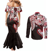Monstera Plumeria Flowers Red Couples Matching Mermaid Dress and Long Sleeve Button Shirt Polynesian Pattern LT01 - Polynesian Pride