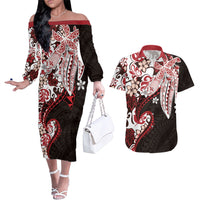 Monstera Plumeria Flowers Red Couples Matching Off The Shoulder Long Sleeve Dress and Hawaiian Shirt Polynesian Pattern