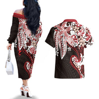 Monstera Plumeria Flowers Red Couples Matching Off The Shoulder Long Sleeve Dress and Hawaiian Shirt Polynesian Pattern