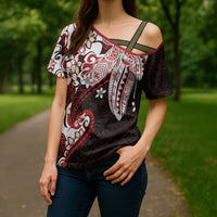 Monstera Plumeria Flowers Red Cross Shoulder Shirt Polynesian Pattern LT01 - Polynesian Pride
