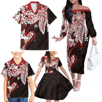 Monstera Plumeria Flowers Red Family Matching Off The Shoulder Long Sleeve Dress and Hawaiian Shirt Polynesian Pattern