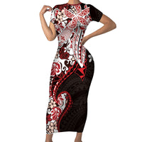 Monstera Plumeria Flowers Red Family Matching Short Sleeve Bodycon Dress and Hawaiian Shirt Polynesian Pattern