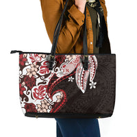 Monstera Plumeria Flowers Red Leather Tote Bag Polynesian Pattern