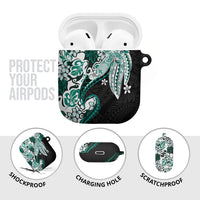 Monstera Plumeria Flowers Teal AirPods Case Polynesian Pattern