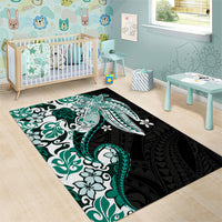 Monstera Plumeria Flowers Teal Area Rug Polynesian Pattern