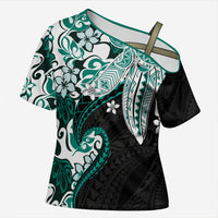 Monstera Plumeria Flowers Teal Cross Shoulder Shirt Polynesian Pattern