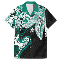 Monstera Plumeria Flowers Teal Family Matching Off The Shoulder Long Sleeve Dress and Hawaiian Shirt Polynesian Pattern
