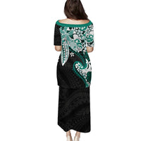Monstera Plumeria Flowers Teal Family Matching Puletasi and Hawaiian Shirt Polynesian Pattern
