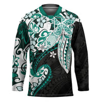 Monstera Plumeria Flowers Teal Hockey Jersey Polynesian Pattern