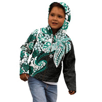 Monstera Plumeria Flowers Teal Kid Hoodie Polynesian Pattern