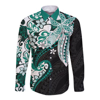 Monstera Plumeria Flowers Teal Long Sleeve Button Shirt Polynesian Pattern